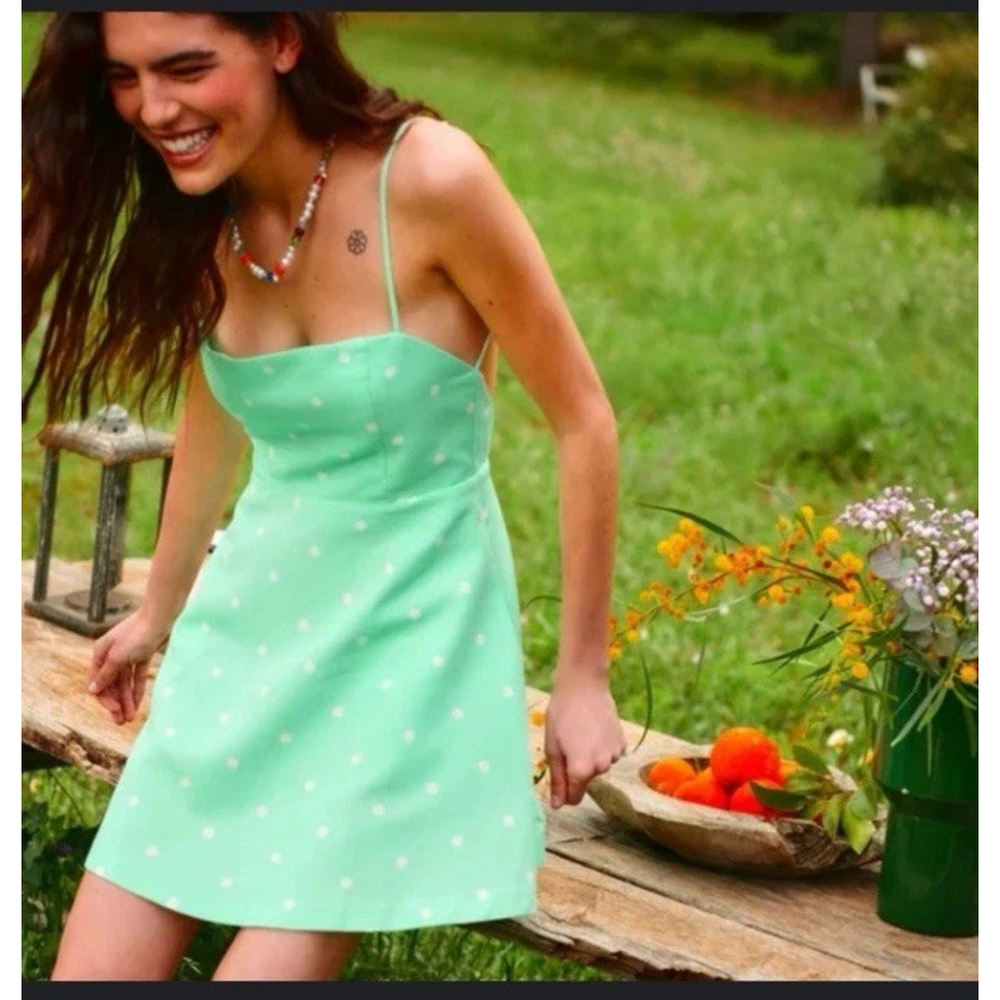 Zara Women’s Polka Dots Green Mini Dress Size XL Strappy Linen Blend Open Back